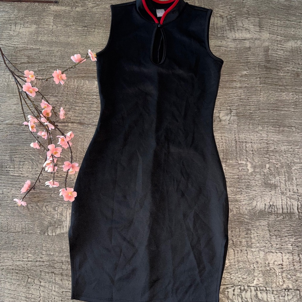 Black Red Mandarin Collar Mini Dress Y2K Keyhole Bodycon Sleeveless
